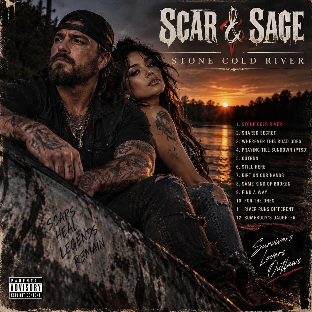 STONE COLD RIVER album cover: Scar and Sage seated back to back beside a black river at dusk