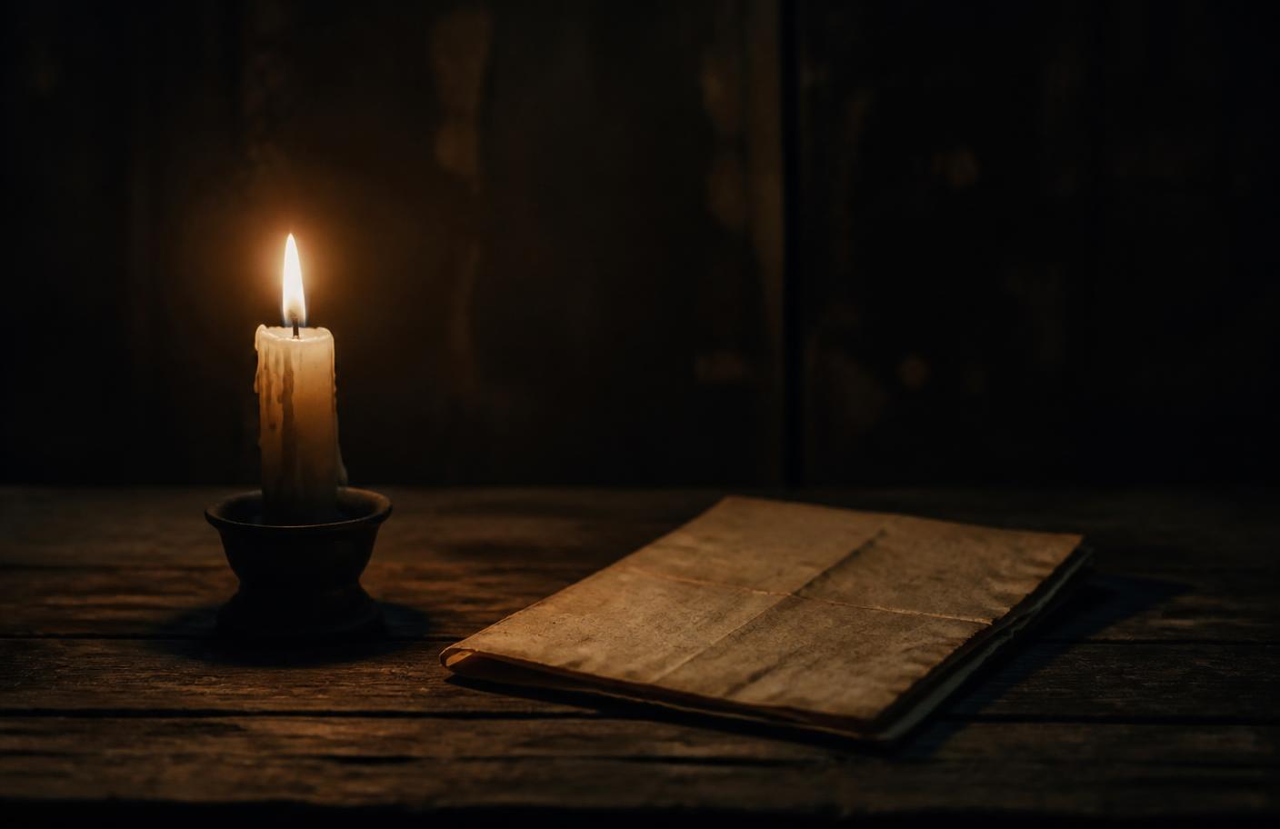 A single candle burning beside a folded letter on a dark wooden table