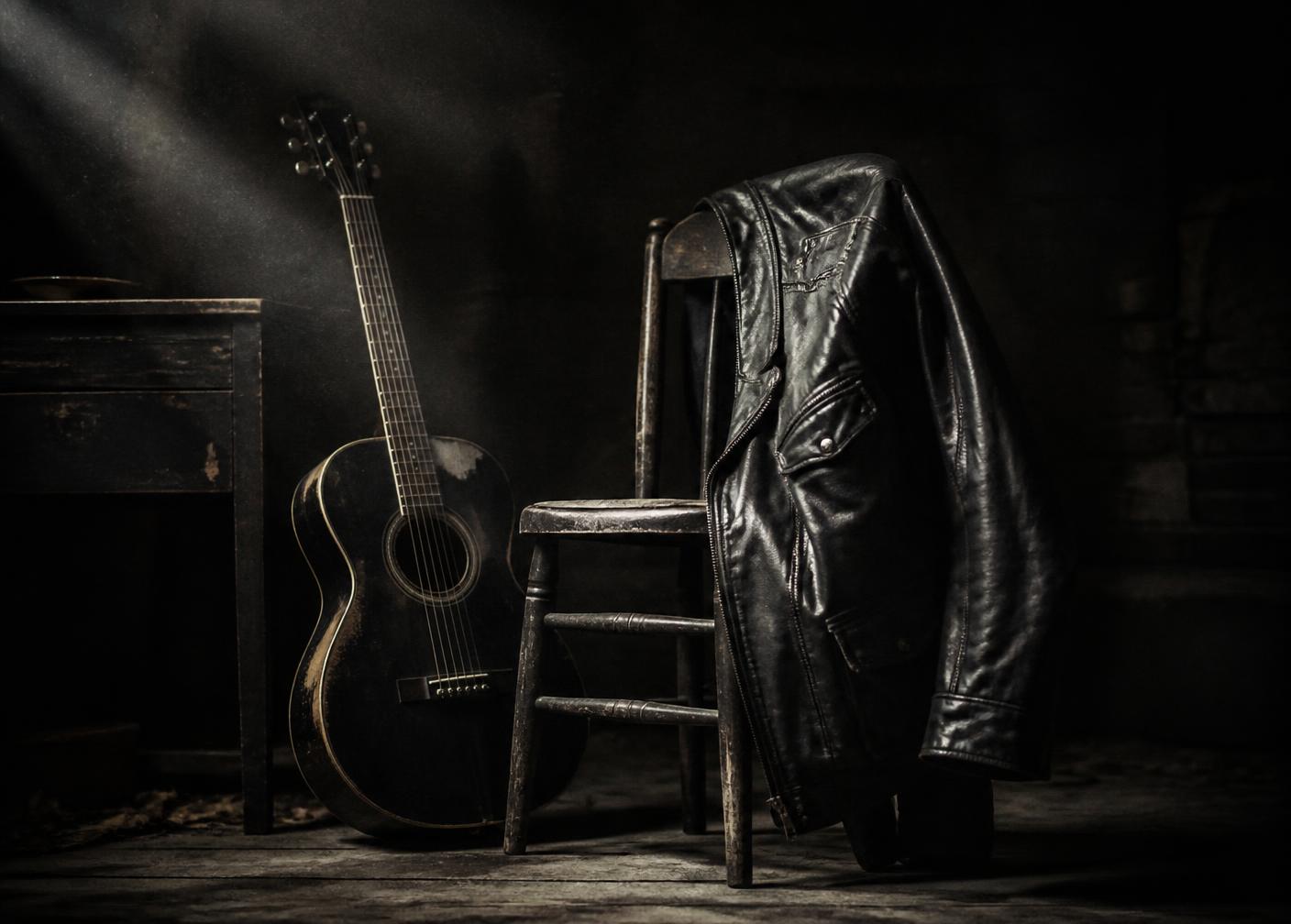 Worn leather jacket and an old acoustic guitar in a dark room
